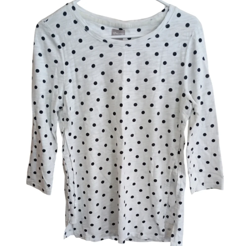 Chico's White/Black Polka Dots 3/4 Sleeve Tunic Style Top Size 0 (US Size S)